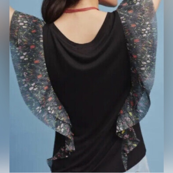 Anthropologie Vanessa Virginia V-Neck Black Indak Ruffle Sleeve Top SZ XL NWT - Picture 9 of 9